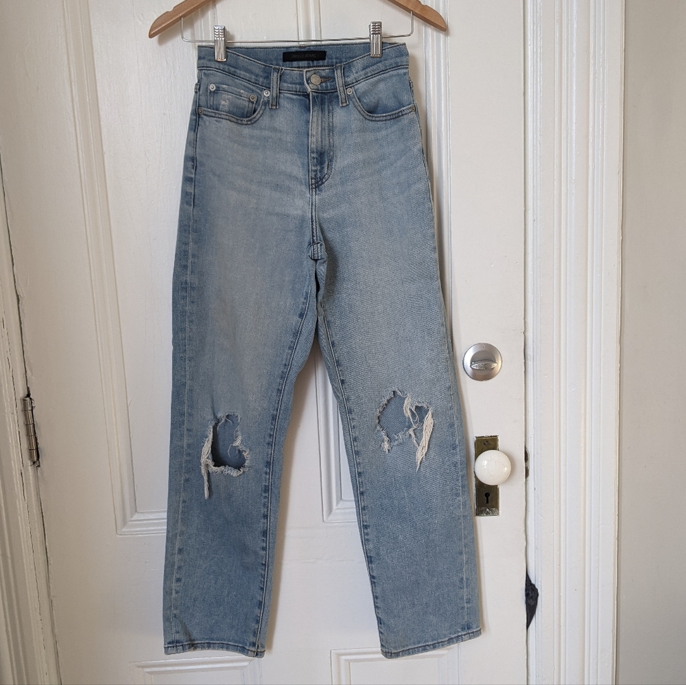 blue distressed straight leg jeans